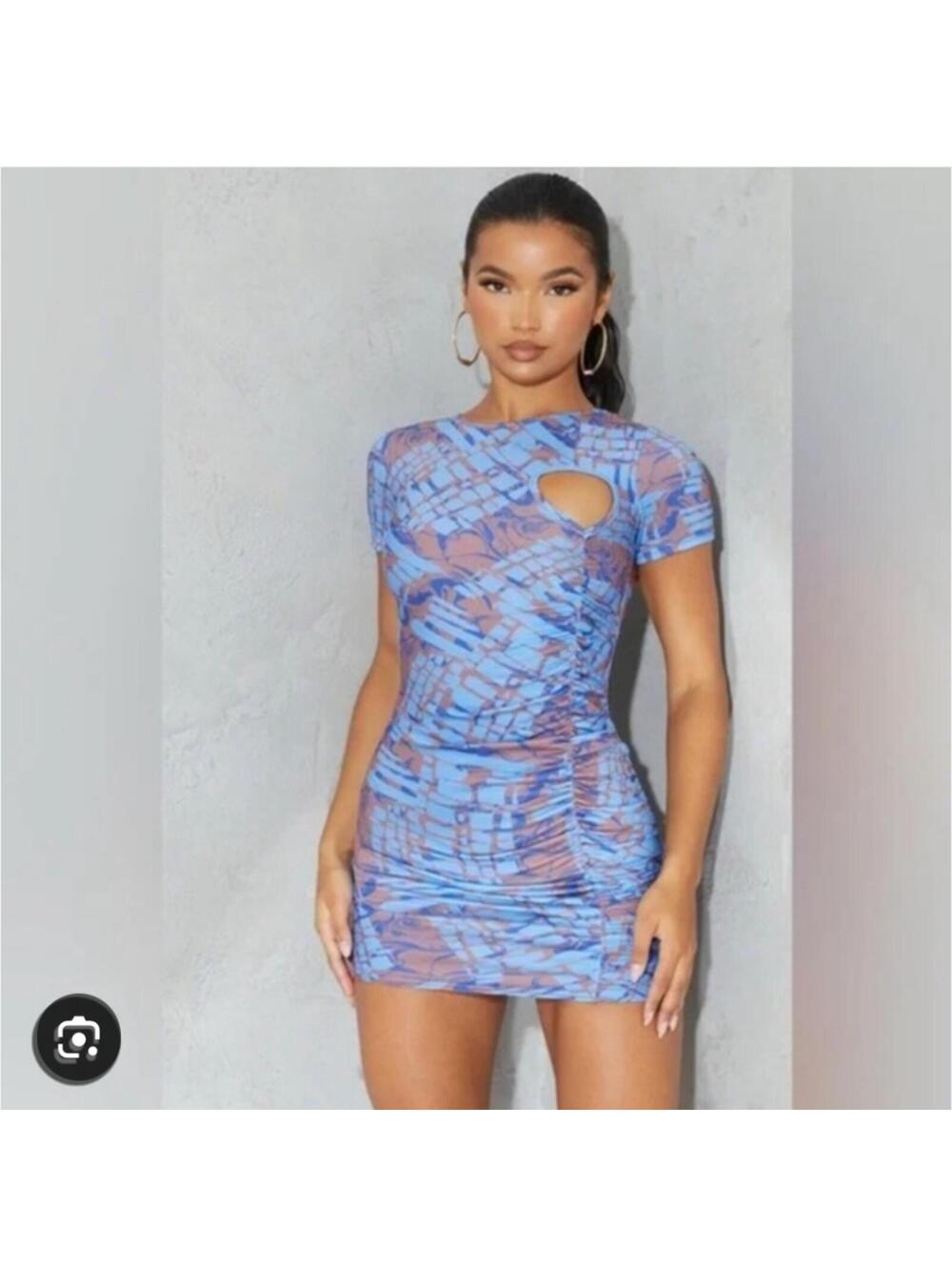 PrettyLittleThing Size 4 Blue Marble Print Ruched Dress Bodycon EUC Sexy Party